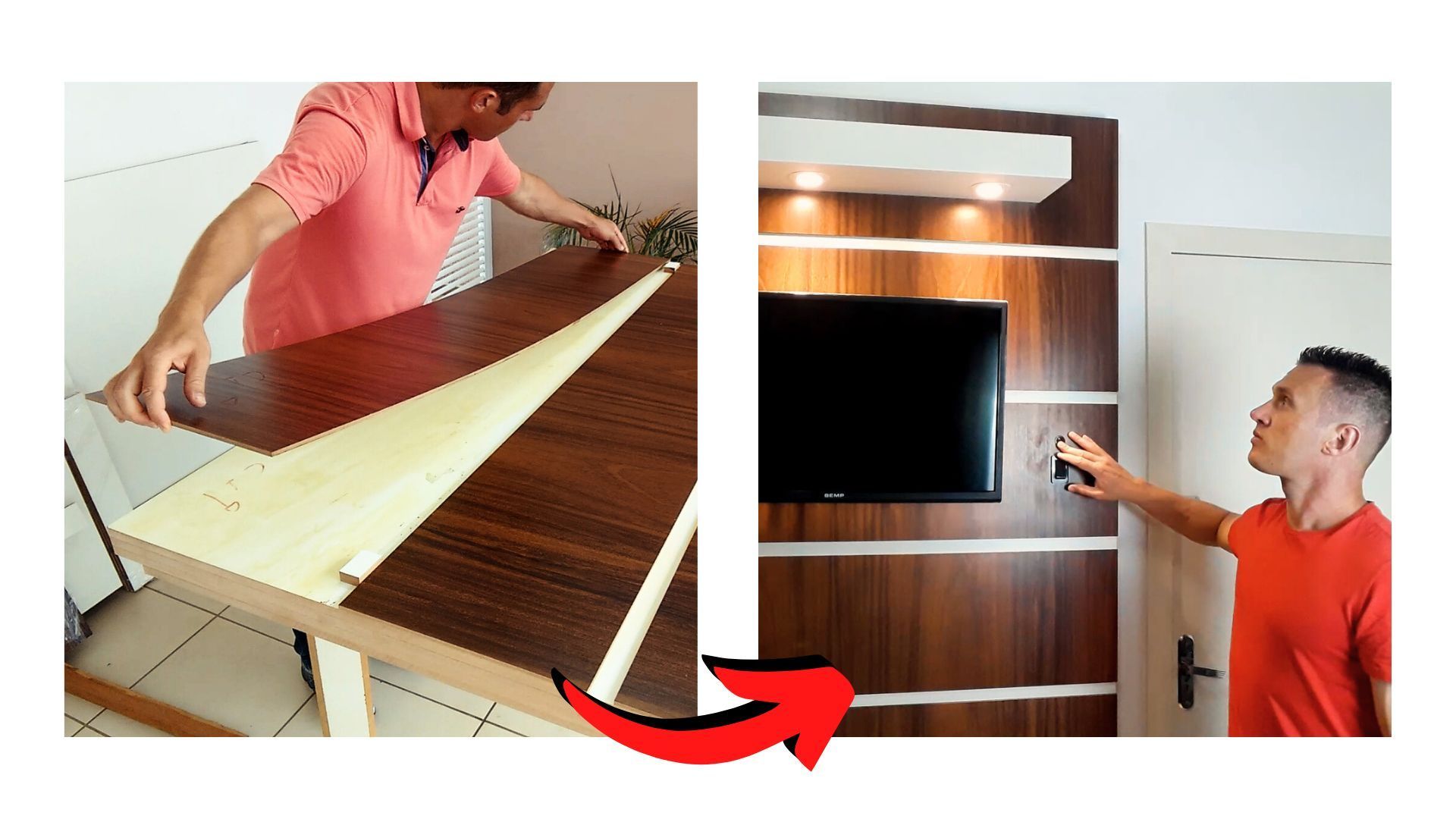 Projeto de mesa de cabeceira mostrado antes e depois da montagem